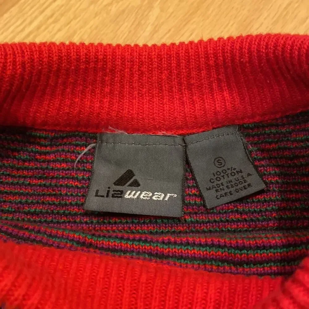 Lizwear Vintage 80s Cotton Crewneck Sweater Red striped small holiday ugly